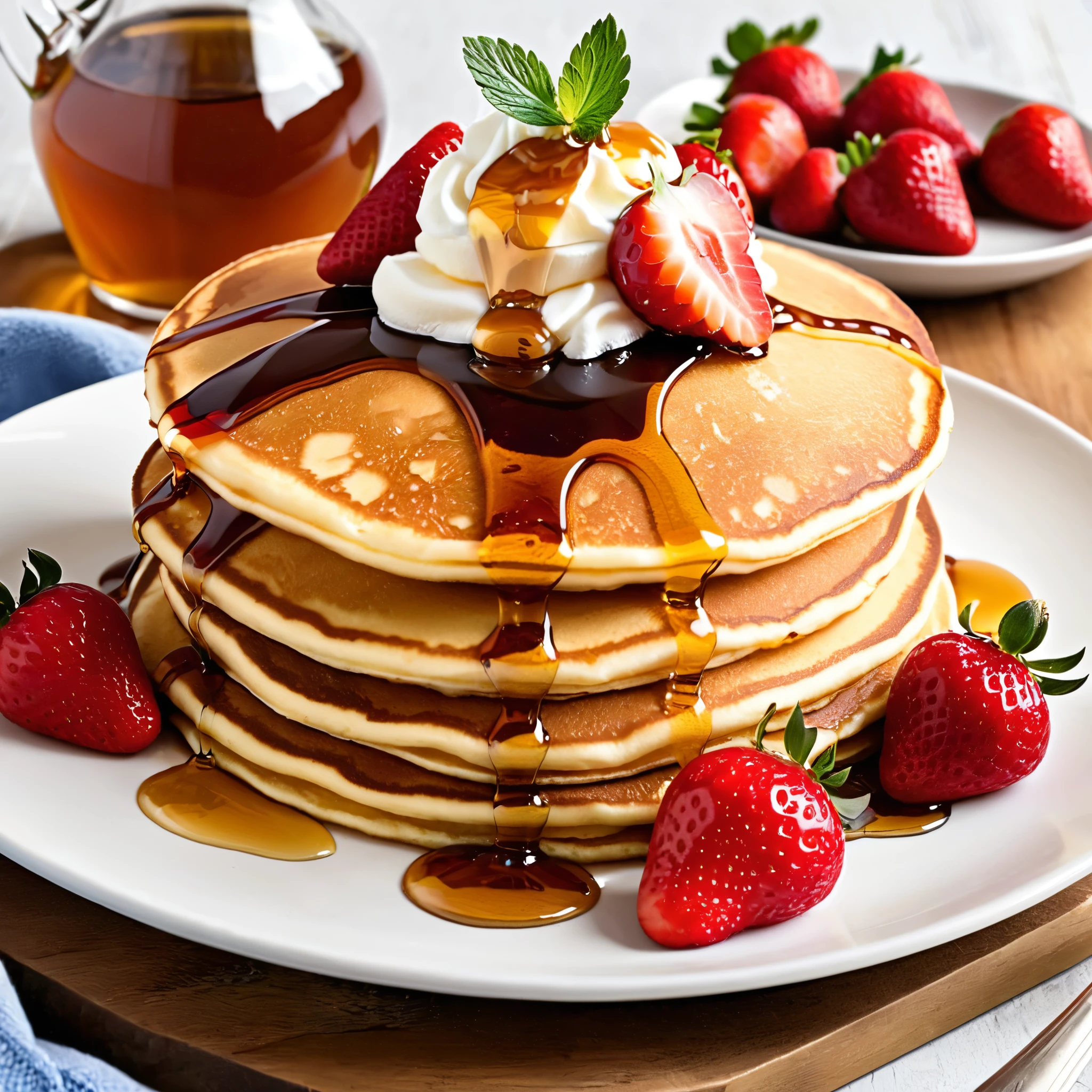 Generate a realistic image of a stack of fluffy pancakes topped with fresh strawberries and drizzled with golden syrup. Ensure that the pancakes are perfectly cooked with a golden-brown color and have a slight sheen from the syrup. The strawberries should be vibrant red and glistening with freshness. The syrup should flow gracefully over the pancakes, creating a mouthwatering and appetizing visual