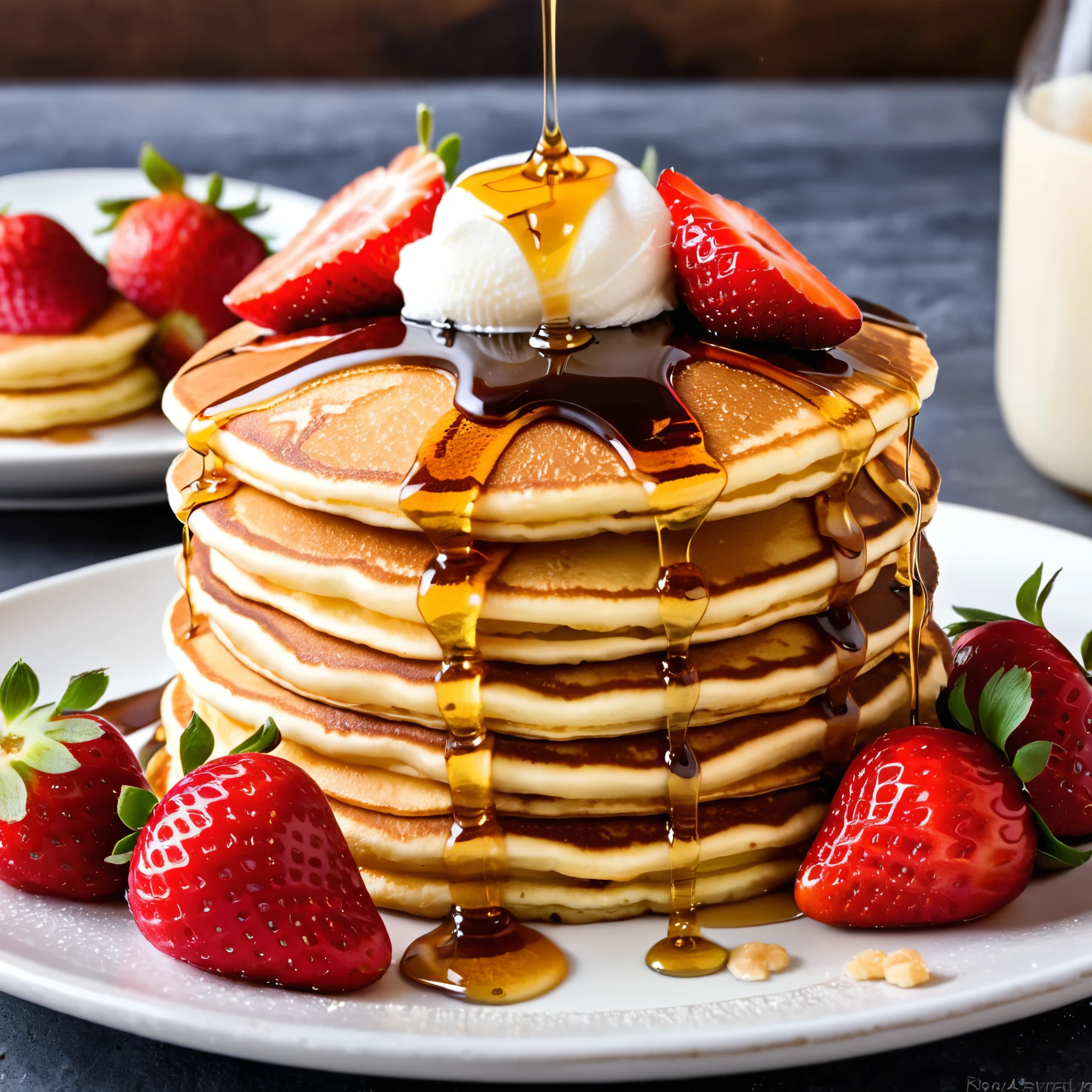 Generate a realistic image of a stack of fluffy pancakes topped with fresh strawberries and drizzled with golden syrup. Ensure that the pancakes are perfectly cooked with a golden-brown color and have a slight sheen from the syrup. The strawberries should be vibrant red and glistening with freshness. The syrup should flow gracefully over the pancakes, creating a mouthwatering and appetizing visual