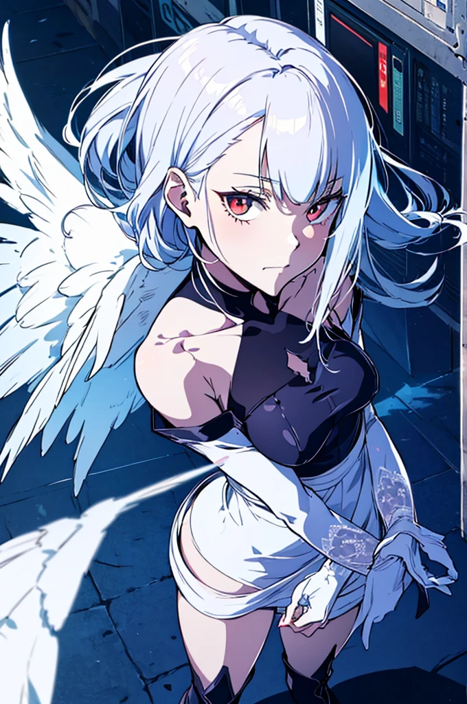 (masutepiece, Absurd quality, Best Quality, Official art, Beautiful and aesthetic:1.2), (1 little girl:1.4), ighly detailed, (Fractal Art:1.3), Colorful, highest details, Vivid Color, From above, Angel, albino, baby-face, Hugging the skull, Dark light, Fluffy white ruffled dress, White lace up short boots, fluffy Angel wings, white long hair, Beautiful detailed red eyes, glare at viewer, Lots of skulls,Full body,((upper body)),((white hair)),