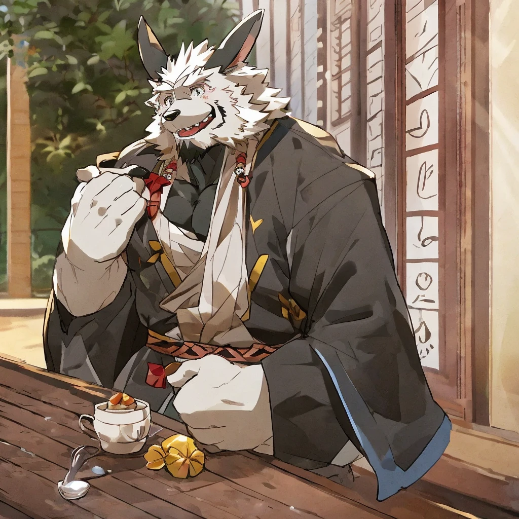 A muscular man with black fur, white eyebrows and a white beard.々Elderly Rabbit Beastman。
Japanese clothing。Digital art in Japanese anime manga style。