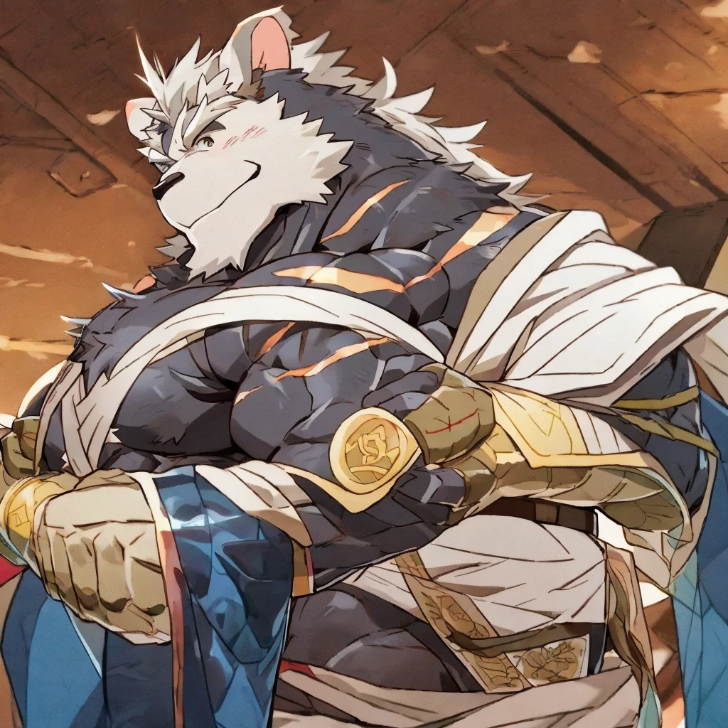 A muscular man with black fur, white eyebrows and a white beard.々Elderly Rabbit Beastman。
Japanese clothing。Digital art in Japanese anime manga style。