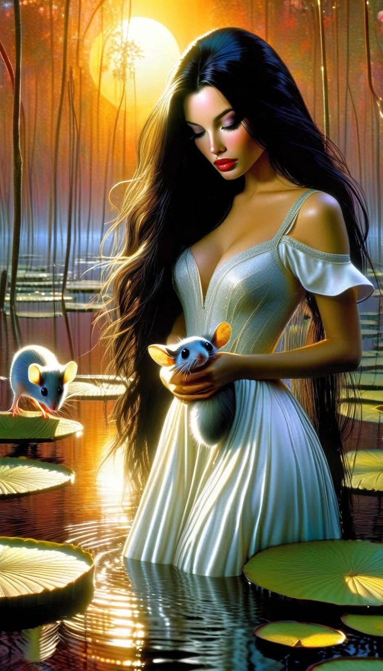 a sexy woman with long black hair, beautiful detailed eyes, beautiful detailed lips, extremely detailed eyes and face, long eyelashes, her pet mouse, standing in a swamp with water lilies, wet white dress, smelling the flowers of a tree, great landscape, sunset, (best quality,4k,8k,highres,masterpiece:1.2),ultra-detailed,(realistic,photorealistic,photo-realistic:1.37),HDR,UHD,studio lighting,ultra-fine painting,sharp focus,physically-based rendering,extreme detail description,professional,vivid colors,bokeh,photo (art inspired in Bill Sienkiewicz).
