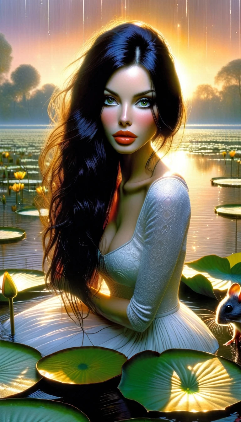 a sexy woman with long black hair, beautiful detailed eyes, beautiful detailed lips, extremely detailed eyes and face, long eyelashes, her pet mouse, standing in a swamp with water lilies, wet white dress, smelling the flowers of a tree, great landscape, sunset, (best quality,4k,8k,highres,masterpiece:1.2),ultra-detailed,(realistic,photorealistic,photo-realistic:1.37),HDR,UHD,studio lighting,ultra-fine painting,sharp focus,physically-based rendering,extreme detail description,professional,vivid colors,bokeh,photo (art inspired in Bill Sienkiewicz).