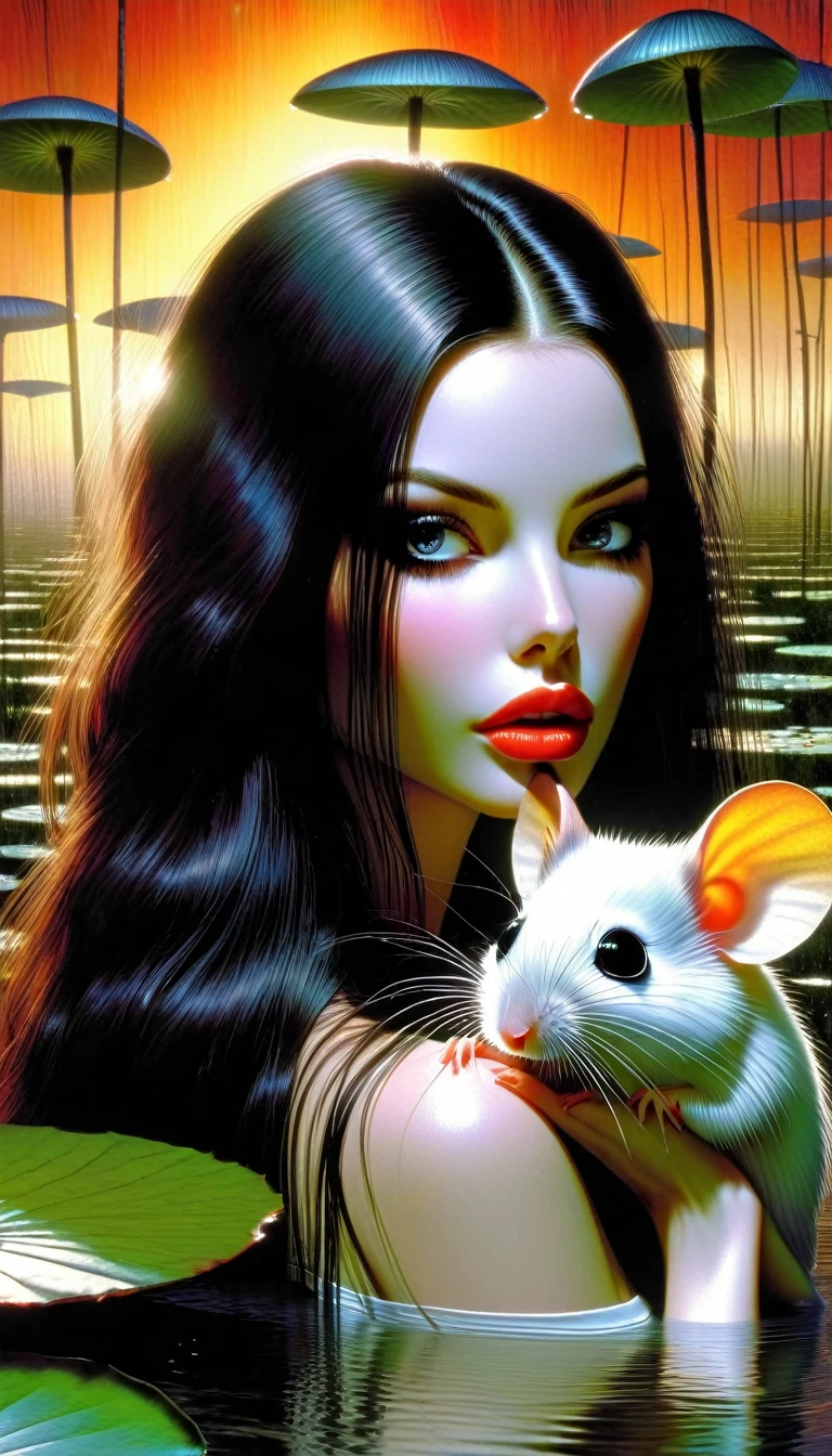 a sexy woman with long black hair, beautiful detailed eyes, beautiful detailed lips, extremely detailed eyes and face, long eyelashes, her pet mouse, standing in a swamp with water lilies, wet white dress, smelling the flowers of a tree, great landscape, sunset, (best quality,4k,8k,highres,masterpiece:1.2),ultra-detailed,(realistic,photorealistic,photo-realistic:1.37),HDR,UHD,studio lighting,ultra-fine painting,sharp focus,physically-based rendering,extreme detail description,professional,vivid colors,bokeh,photo (art inspired in Bill Sienkiewicz).