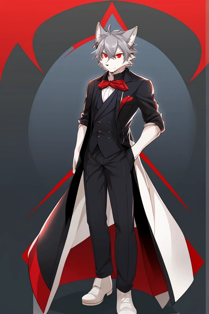Wolf、Handsome、Gray Hair、Red eyes、Character portrait、Front view、stylish、Full body view、From head to toe