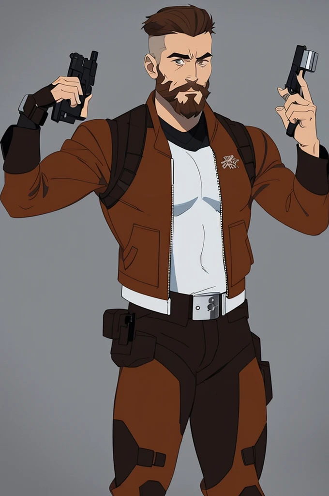 solo Male, muscular, White short hair, brown short beard, brown long sleeve leather jacket, holding a pistol, full body, stoic attitude.