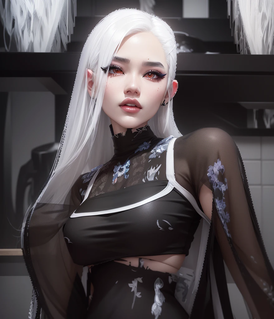 AVATAR SECOND LIFE Korean girl, black short blouse, cropped preto, black blouse, Asian, White hair, White hair, White hair, korean girl White hair, Perfect and detailed face, imvu, maximalist details, AVATAR SECOND LIFE Korean blusa , neon,