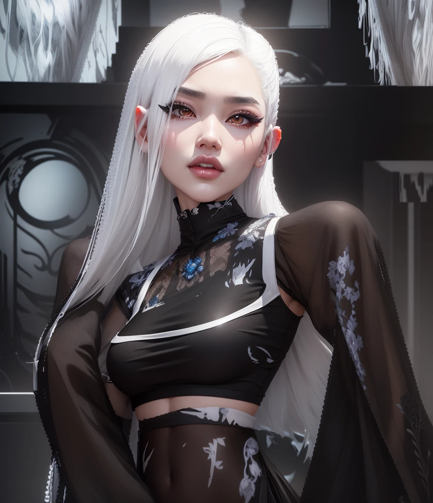 AVATAR SECOND LIFE Korean girl, black short blouse, cropped preto, black blouse, Asian, White hair, White hair, White hair, korean girl White hair, Perfect and detailed face, imvu, maximalist details, AVATAR SECOND LIFE Korean blusa , neon,