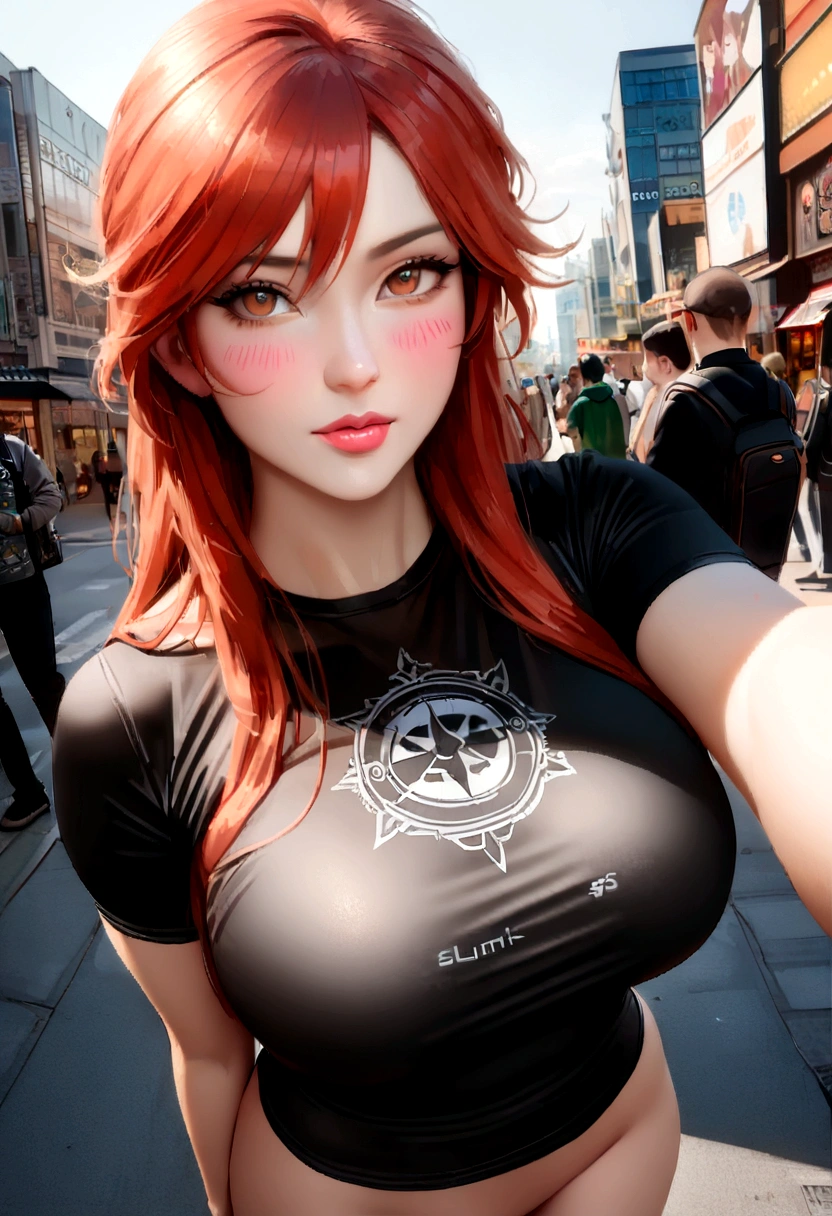 professional, (4k photo:1.1) by (Jeremy Lipking:0.3), (Dittmann Anna:0.3), (Arian Mark:0.3), (Sharp focus:1.3), high detail, wearing (tight shirt:1.2), beautiful detailed face, an attractive woman with long red hair looks into the camera, looking like actress Katherine McNamara, panasonic lumix s pro 50mm f/1.4, anne stokes, color splash, dark orange and dark emerald, ferrania p30, photo realistic, (attractive young woman:1.3), (seductive:1.1), (blushing:1.1), hourglass body shape, big round , wide hips, in background city, taking selfie, completely nude