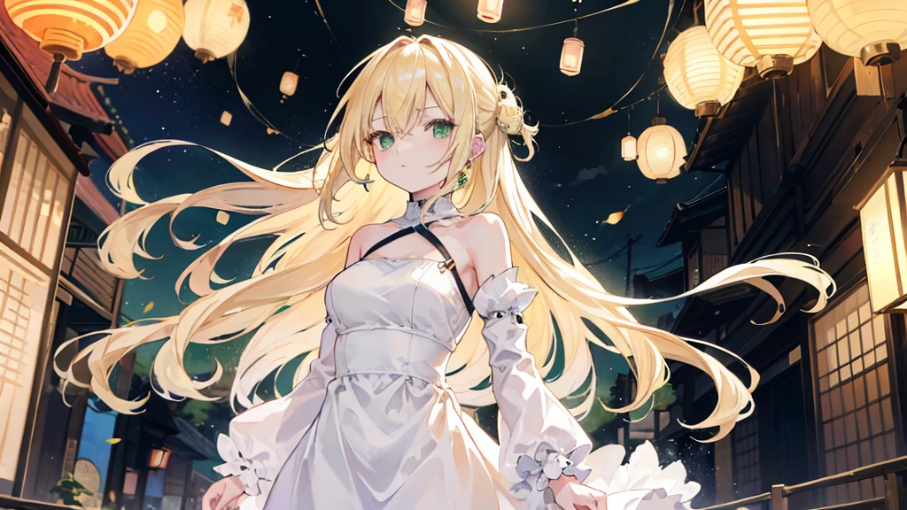 1woman, long blonde hair, green eyes, ear piercing, edgEarPiercing, wearing plain white short dress, small kyoto town, night time, alley with lanterns, absurdres, high res, ultrasharp, 8K, masterpiece, looking at viewer