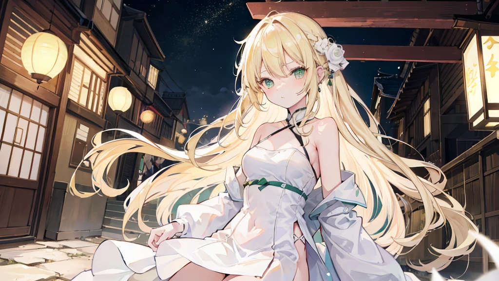 1woman, long blonde hair, green eyes, ear piercing, edgEarPiercing, wearing plain white short dress, small kyoto town, night time, alley with lanterns, absurdres, high res, ultrasharp, 8K, masterpiece, looking at viewer