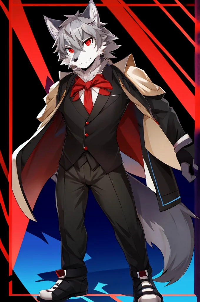 Wolf、Handsome、Gray Hair、Red eyes、Character portrait、Front view、stylish、Full body view、From head to toe