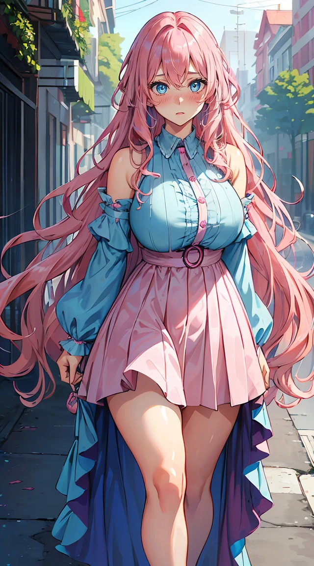 handsome girl，blue-eyes，blue pupils，Long pink hair，Hyperresolution，accuracy，Detailed rendering，（Subtle facial image）（Image of fine hair）（topquality）（Masterpieces of masters）（High degree of completeness）（A sense of atmosphere）tmasterpiece，Super detailed and super detailed（half-body portrait), long wavy pink hair, (((tHICK WAVY HAIR)))(((ANKLE LENGTH HAIR)))(((Blushing)))(((Huge breasts)))(((LARGER BREASTS))) large breasts, bigger breasts (((Bigger breasts))) (((Blushing))) (((Sakimichan))) (((Pink hair))) (((cute outfit)))(((Casual full outfit)))(((Dressed up))) (((Covered up))) (((Casual dress)))