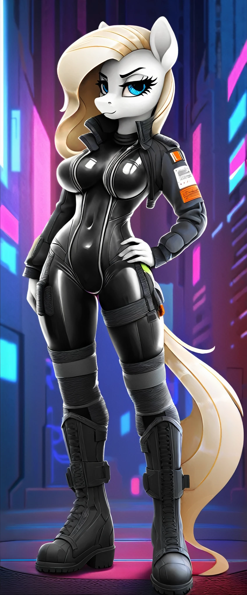 a ((full body)) cartoon picture of an anthropomorphic (((pony:0.9))), cyberpunk style, (((shiny latex cyberpunk full bodysuit:1.0))), (((techwear jacket on top:0.9))), (((calf-high boots))), generic MLP style, professional drawing, female anthro pony, medium breasts, frowning, (((semi realistic cream white fur))), (((detailed eyes:1.0))), bold colored cyberpunk mane and tail.