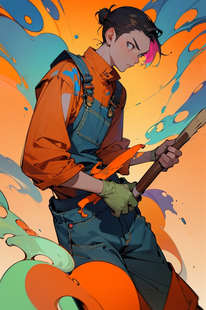 (work of art, better quality:1.2), 1 man, alone, Wear dirty overalls., With brush and palette in hand. short hair, Colorful and dreamy hair. young man, colorful splash background, hair in a bun, serious face