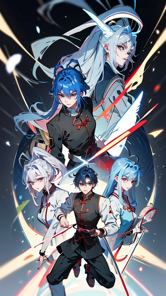 Masterpiece, Best quality, 1 Tang Wu Tong, the expression is cold, strong, blue eyes, short hair, wolfcut hairstyle, smoky mix blue color hair, resolute eyes, red lips, simple Taoist Taoist uniform, Chinese mix morden, frontal photo, black or white background, simple background, anime, illustration, full body photo front