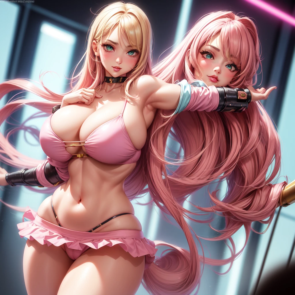 ((1 girls), solo, clevage, Big round breasts, trendy, stylish, clevage, thighs, hips, realistic, pink hair, blonde hair, light green eyes, lip gloss, detailed face, amazing big eyes, eye details, big lips, eyebrow details, pink mini skirt, crop top blush, confident, dominant, bdsm, smirk, naughty, mischevious face, HD, good quality, curvy, standing up, thick thighs, attractive, amazing body, perfect body, slim thick, indoors, bikini, armpits, clevage,