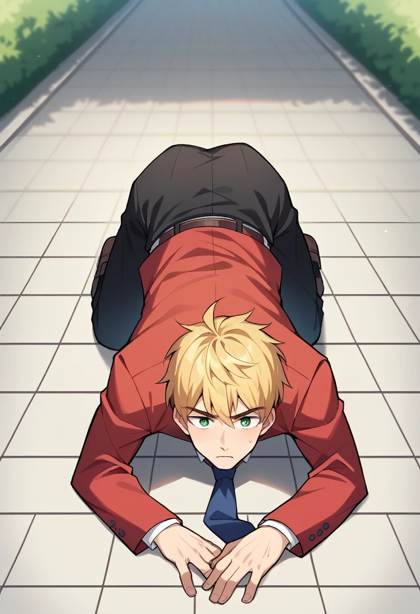score_9, score_8_wonderful, score_7_wonderful, sauce_Anime BREAK 1 Boy, alone, Male Focus, Part 1: Leanne, blonde, , Red Blazer, tie, Black trousers, Outdoor,,Get on all fours and place your hands on the floor,put head on floor