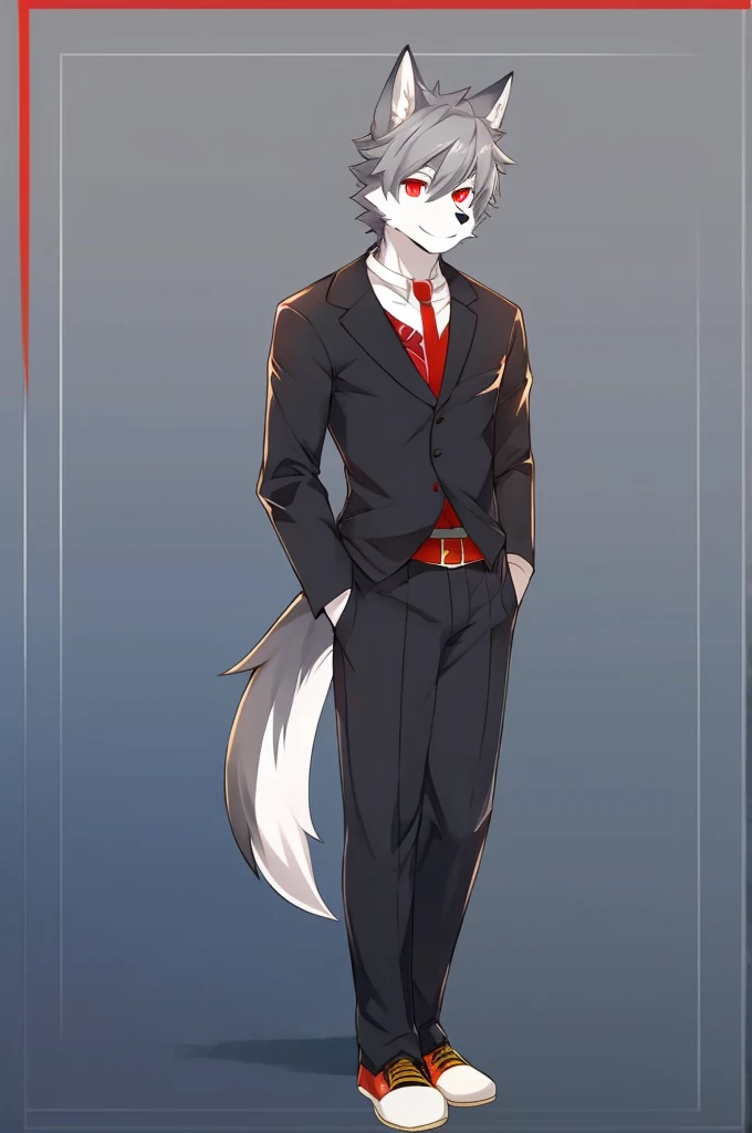 Wolf、Handsome、Gray Hair、Red eyes、Character portrait、Front view、stylish、Full body view、From head to toe、Casual attire