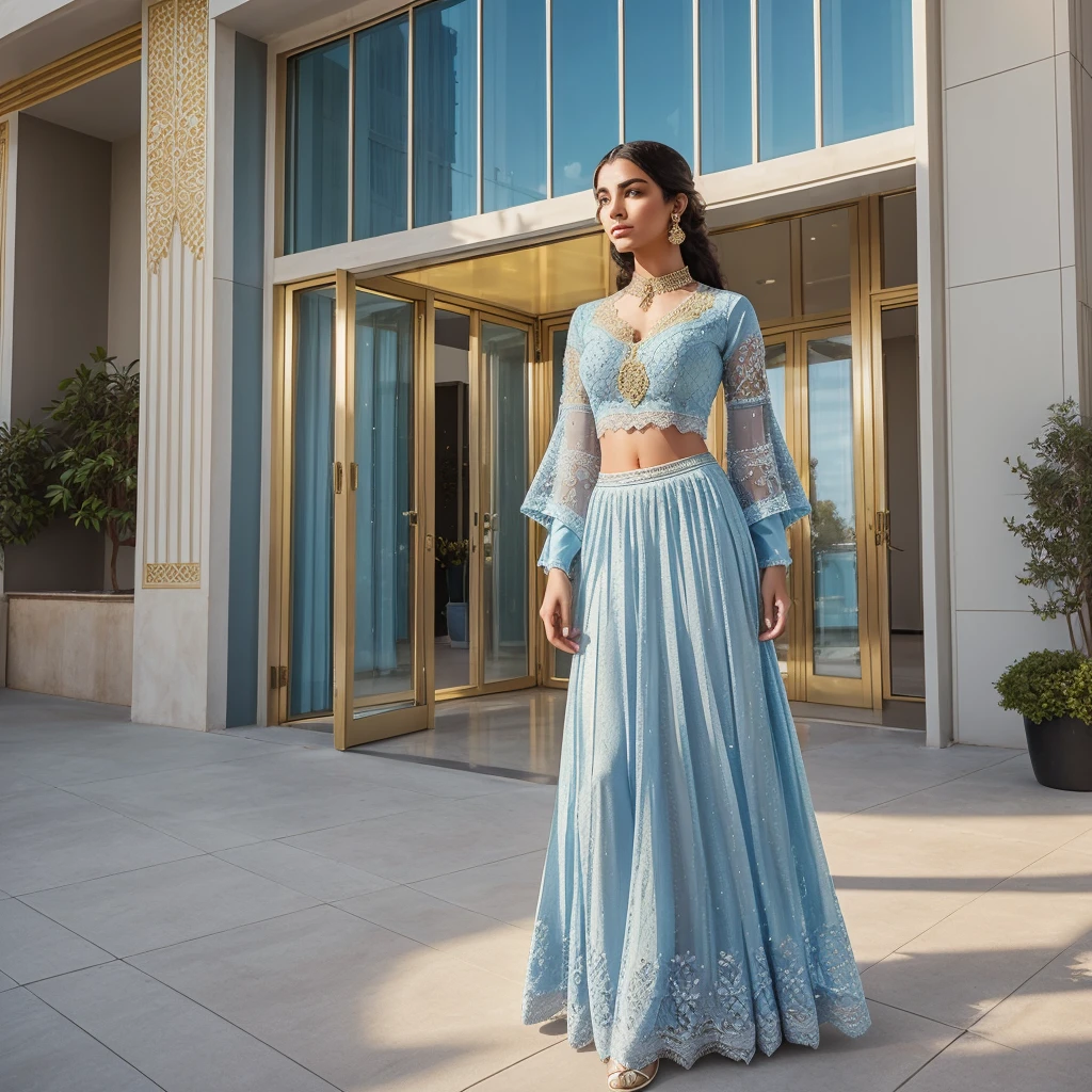 A young woman stands outdoors, wearing a blue sharara. She holds a small golden white purse and is positioned in front of a modern building with large windows. The sharara features intricate lace detailing on the sleeves, adding an elegant touch to her modest attire. Sunlight softly illuminates her, highlighting the texture of her outfit and casting gentle shadows around her.