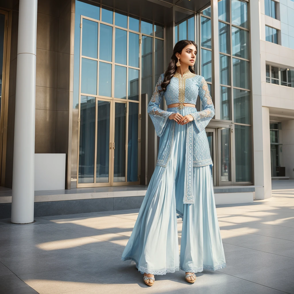 A young woman stands outdoors, wearing a blue sharara. She holds a small golden white purse and is positioned in front of a modern building with large windows. The sharara features intricate lace detailing on the sleeves, adding an elegant touch to her modest attire. Sunlight softly illuminates her, highlighting the texture of her outfit and casting gentle shadows around her.