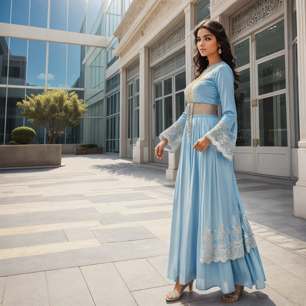 A young woman stands outdoors, wearing a blue sharara. She holds a small golden white purse and is positioned in front of a modern building with large windows. The sharara features intricate lace detailing on the sleeves, adding an elegant touch to her modest attire. Sunlight softly illuminates her, highlighting the texture of her outfit and casting gentle shadows around her.
