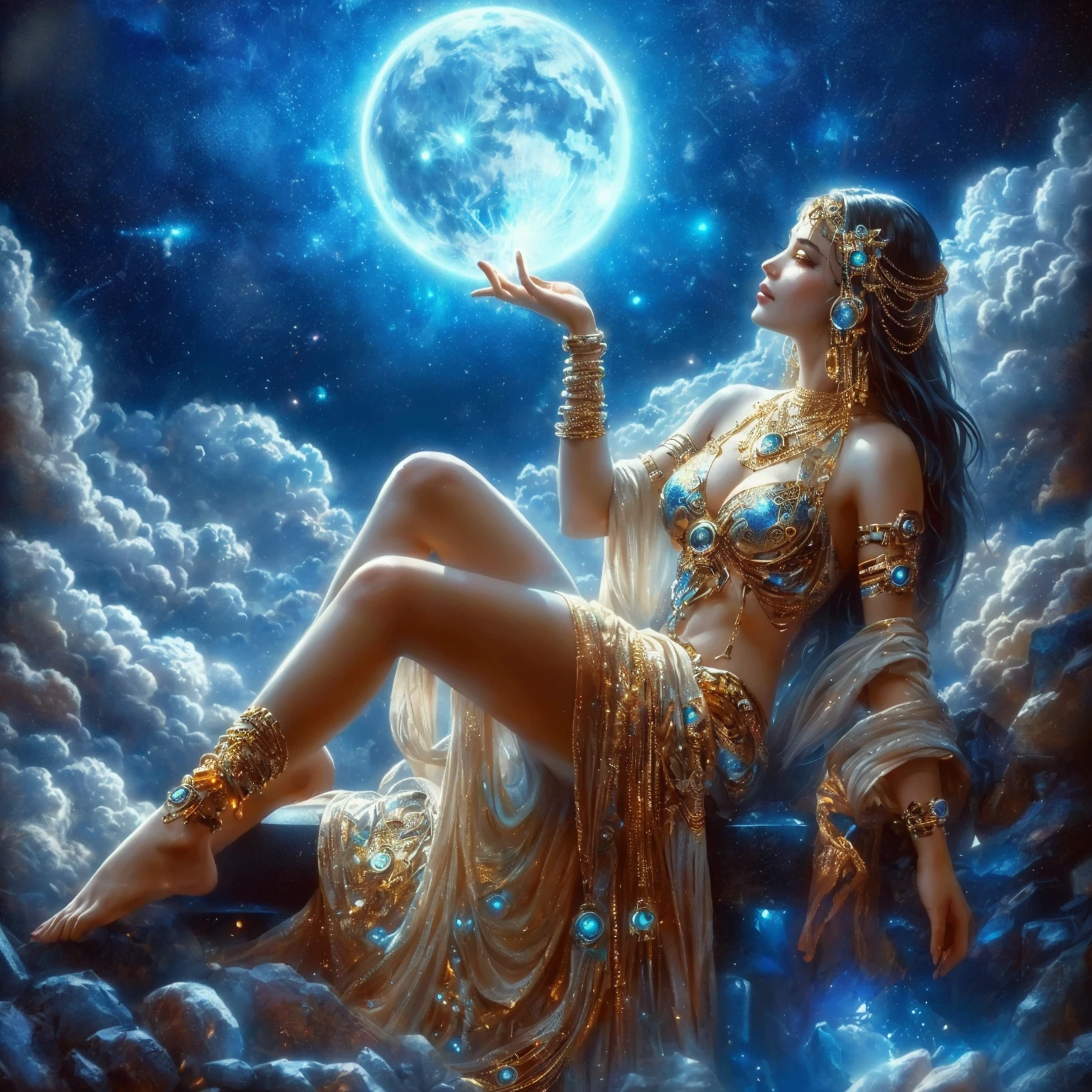 a naked woman sitting on a bed with a full moon in the background, indian god, sexy hot body, big open floor, 8k ”, sexy-s 100, painting of beautiful, massive arch, big puffy lips, pocahontas, inspired by Jitish Kallat