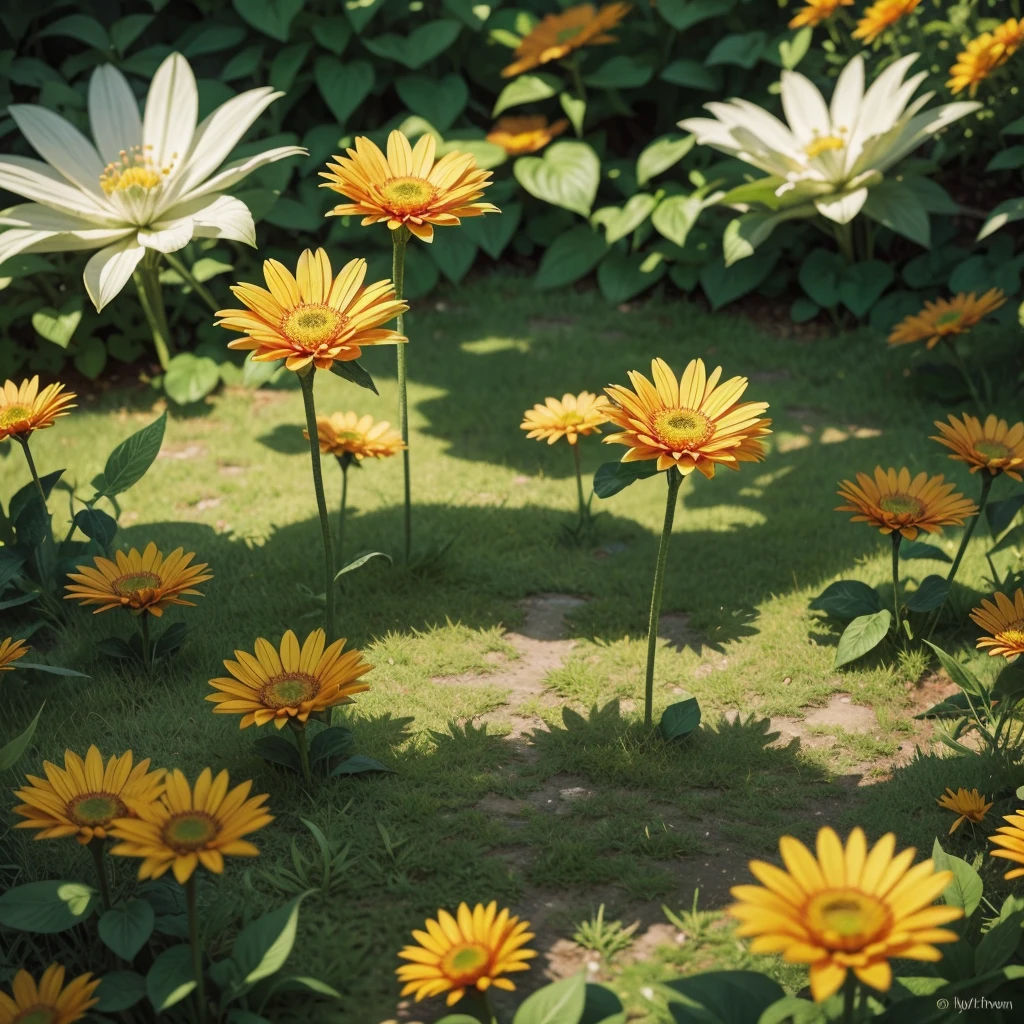 Create a stylized image with the letter 'T' in the center. The letter should be large and prominent, with a vibrant background that includes elements of nature, such as green leaves or colorful flowers, to add life and dynamism to the image. Add soft shadows to give the letter 'T' depth and a slight glow effect around it to make it stand out even more
