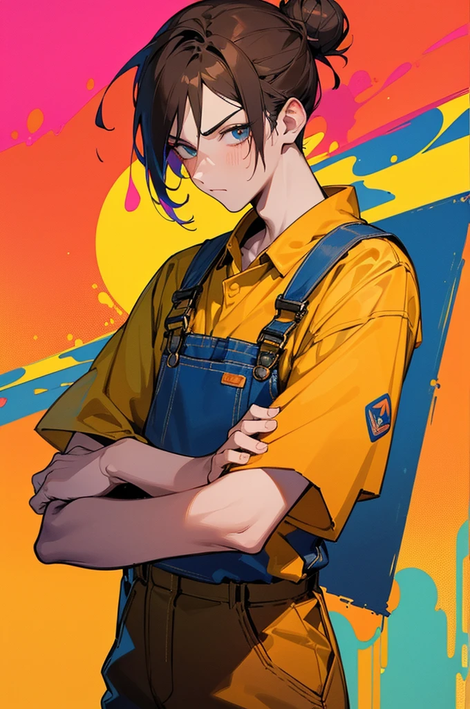 (work of art, better quality:1.2), 1 man, alone, Wear dirty overalls., With brush and palette in hand. short hair, Colorful and dreamy hair. young man, colorful splash background, hair in a bun, serious face