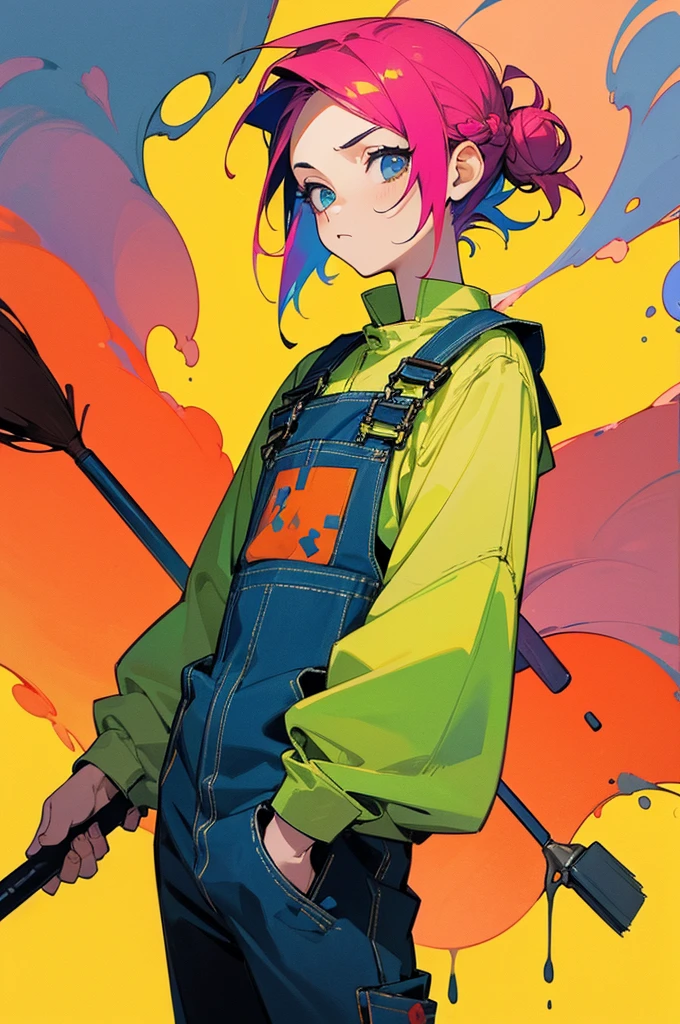 (work of art, better quality:1.2), 1 man, alone, Wear dirty overalls., With brush and palette in hand. short hair, Colorful and dreamy hair. young man, colorful splash background, hair in a bun, serious face