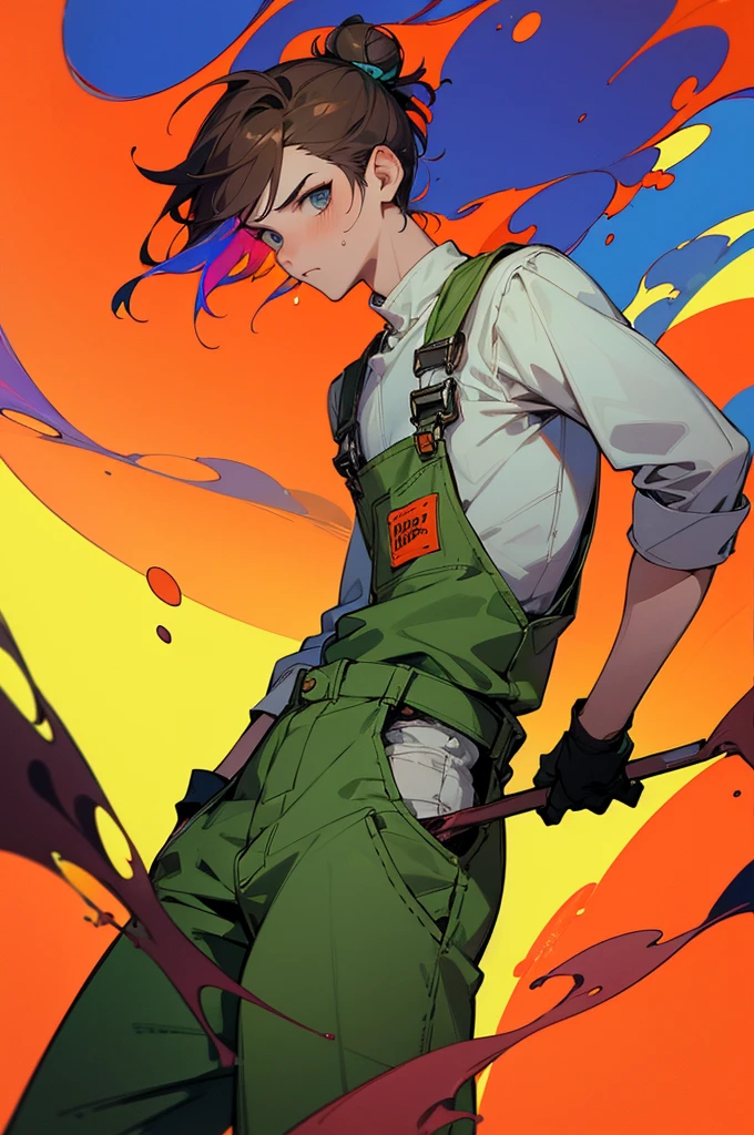 (work of art, better quality:1.2), 1 man, alone, Wear dirty overalls., With brush and palette in hand. short hair, Colorful and dreamy hair. young man, colorful splash background, hair in a bun, serious face