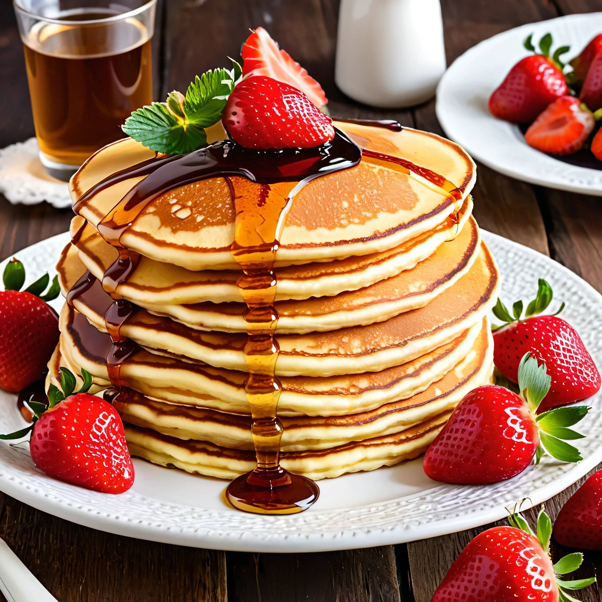 Create a visually stunning and appetizing image of a stack of golden-brown pancakes. These pancakes should be perfectly fluffy, with a slight sheen from the drizzling syrup. On top of the pancakes, place a generous amount of ripe, vibrant red strawberries, sliced and arranged artfully. The strawberries should glisten with freshness. The syrup should flow gracefully over the pancakes, creating a mouthwatering and inviting scene. Pay close attention to lighting and composition to make this image truly captivating.