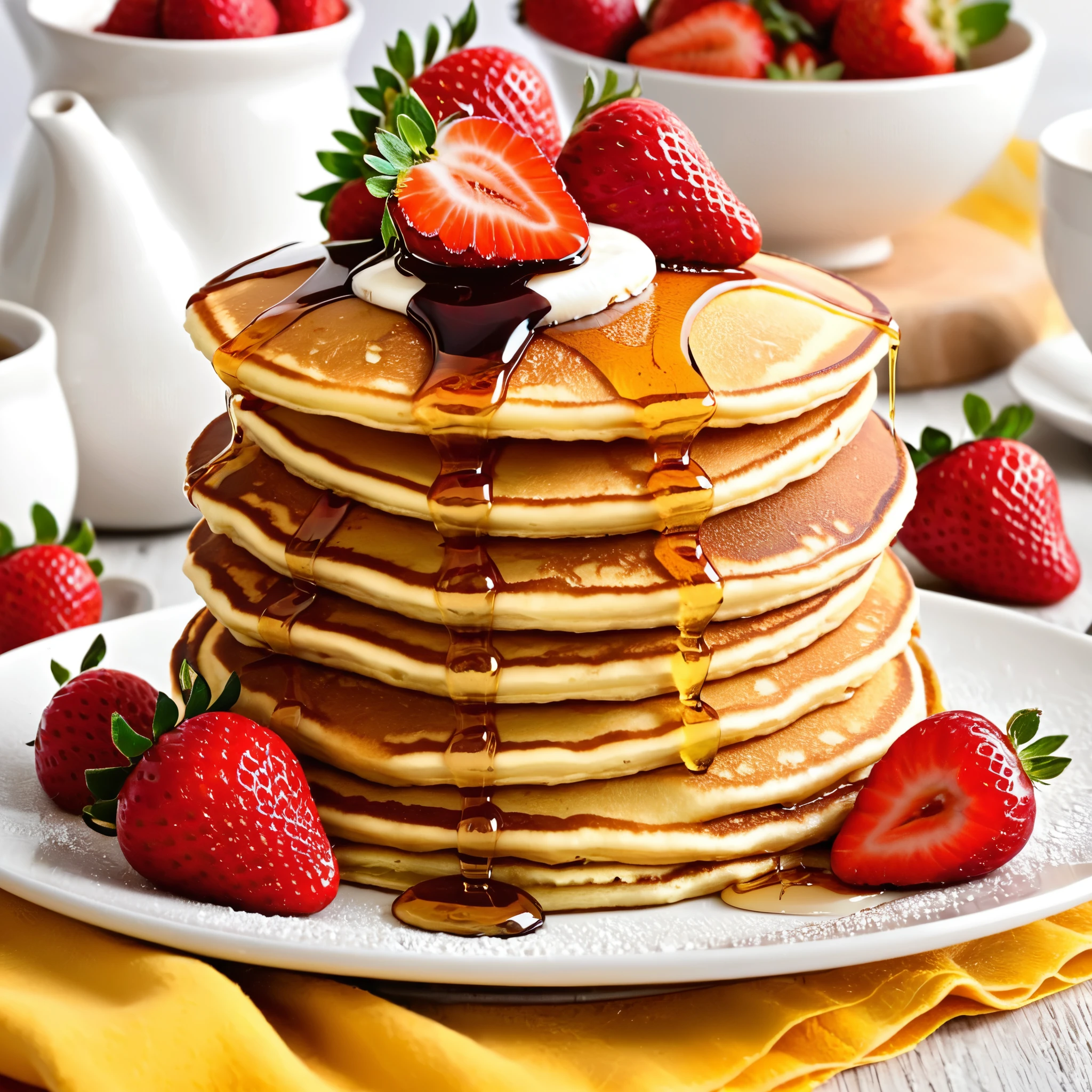 Create a visually stunning and appetizing image of a stack of golden-brown pancakes. These pancakes should be perfectly fluffy, with a slight sheen from the drizzling syrup. On top of the pancakes, place a generous amount of ripe, vibrant red strawberries, sliced and arranged artfully. The strawberries should glisten with freshness. The syrup should flow gracefully over the pancakes, creating a mouthwatering and inviting scene. Pay close attention to lighting and composition to make this image truly captivating.