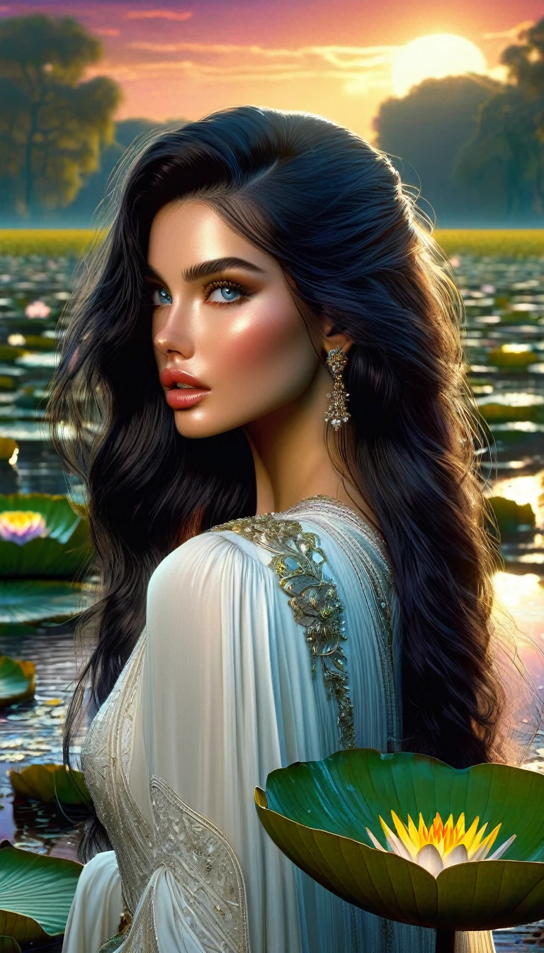 a sexy woman with long black hair, beautiful detailed eyes, beautiful detailed lips, extremely detailed eyes and face, long eyelashes, her pet mouse, standing in a swamp with water lilies, wet white dress, smelling the flowers of a tree, great landscape, sunset, (best quality,4k,8k,highres,masterpiece:1.2),ultra-detailed,(realistic,photorealistic,photo-realistic:1.37),HDR,UHD,studio lighting,ultra-fine painting,sharp focus,physically-based rendering,extreme detail description,professional,vivid colors,bokeh,photo (art inspired in Bill Sienkiewicz).