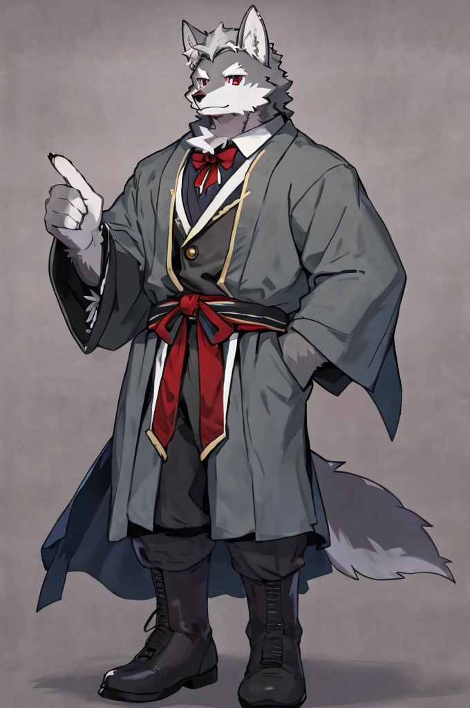 Wolf、Handsome、Gray Hair、Red eyes、Character portrait、Front view、stylish、Full body view、From head to toe、Casual attire