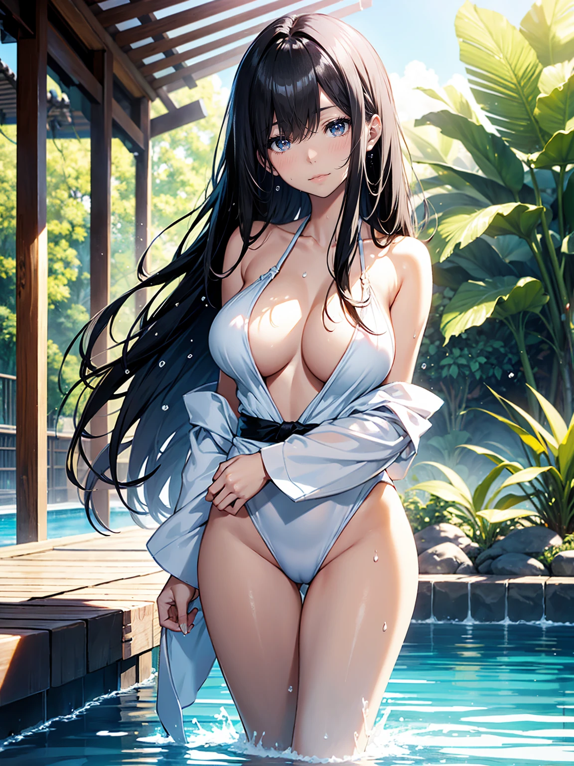 A Japanese beauty with a delicate and beautiful face, large eyes, and clear black straight hair, wearing a white bathing suit, standing by the pool. A gentle warm light surrounds the beautiful woman. The background is filled with soft out-of-focus sunlight and the splashing water creates a dreamy, alluring atmosphere. Glowing sweat surrounds the beautiful woman, adding to the bright atmosphere. 20 years old