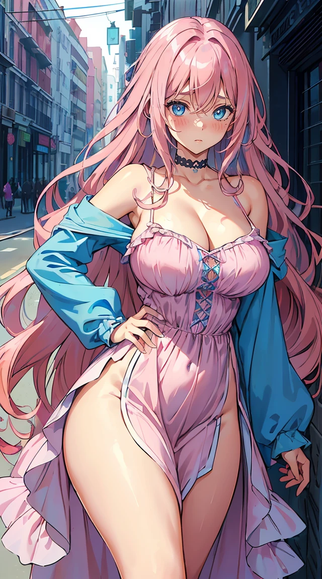 handsome girl，blue-eyes，blue pupils，Long pink hair，Hyperresolution，accuracy，Detailed rendering，（Subtle facial image）（Image of fine hair）（topquality）（Masterpieces of masters）（High degree of completeness）（A sense of atmosphere）tmasterpiece，Super detailed and super detailed（half-body portrait), long wavy pink hair, (((tHICK WAVY HAIR)))(((ANKLE LENGTH HAIR)))(((Blushing)))(((Huge breasts)))(((LARGER BREASTS))) large breasts, bigger breasts (((Bigger breasts))) (((Blushing))) (((Sakimichan))) (((Pink hair))) (((cute outfit)))(((Casual full outfit)))(((Dressed up))) (((Covered up))) (((Casual dress)))