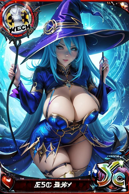 witch with big breasts sexy pose metallic blue sexy dress tarot card style