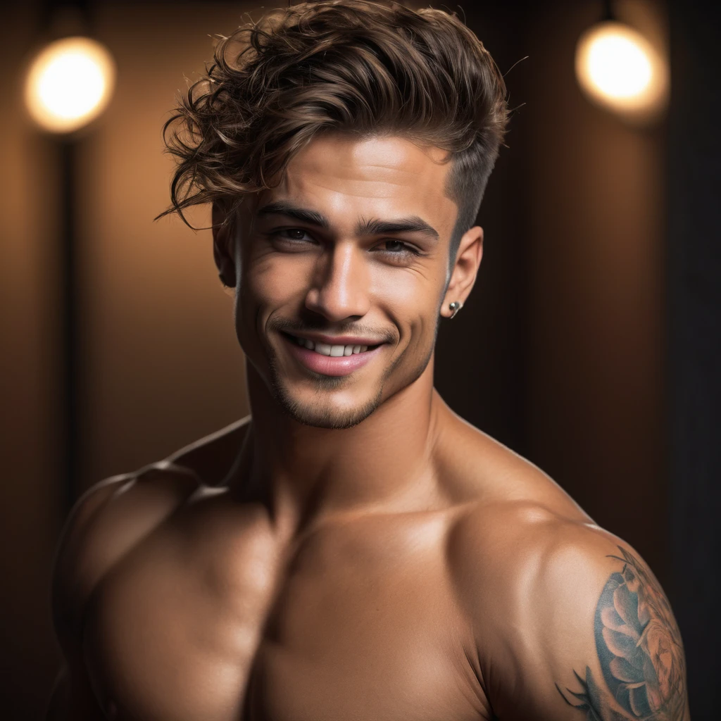 (best quality,4k,8k,highres,masterpiece:1.2),ultra-detailed,(realistic,photorealistic,photo-realistic:1.37), sexy boy posing,portrait,emotion,casual outfit,dark background,vivid colors,dynamic lighting,sharp focus,muscular,stylish hair,smoldering eyes,intense gaze,strong jawline,defined facial features,confident expression,lean body,striking pose,athletic physique,tattoos,edgy style,shirtless,close-up,dramatic lighting,sexy smile,piercing gaze,masculine charm,sensual,alluring,provocative stare,perfect body,dominant attitude