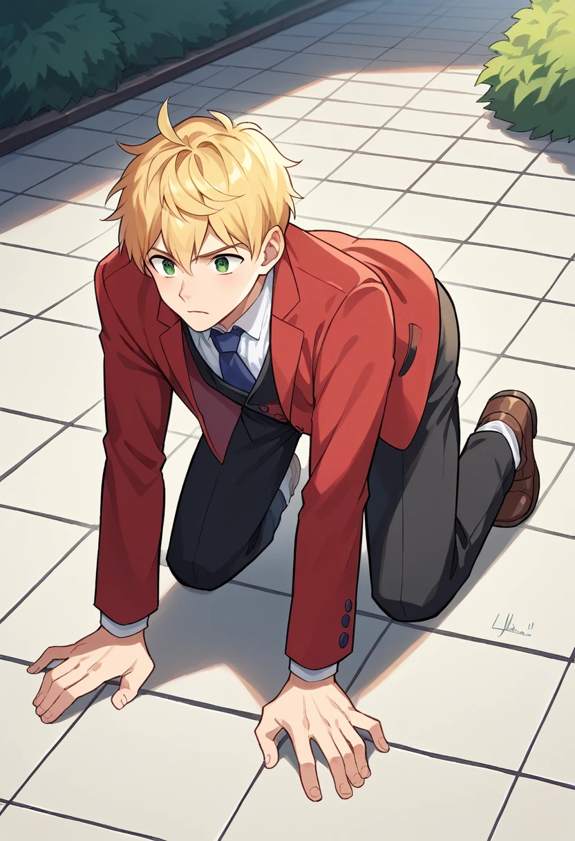 score_9, score_8_wonderful, score_7_wonderful, sauce_Anime BREAK 1 Boy, alone, Male Focus, Part 1: Leanne, blonde, , Red Blazer, Black trousers, Outdoor,，Get on all fours and place your hands on the floor,put head on floor