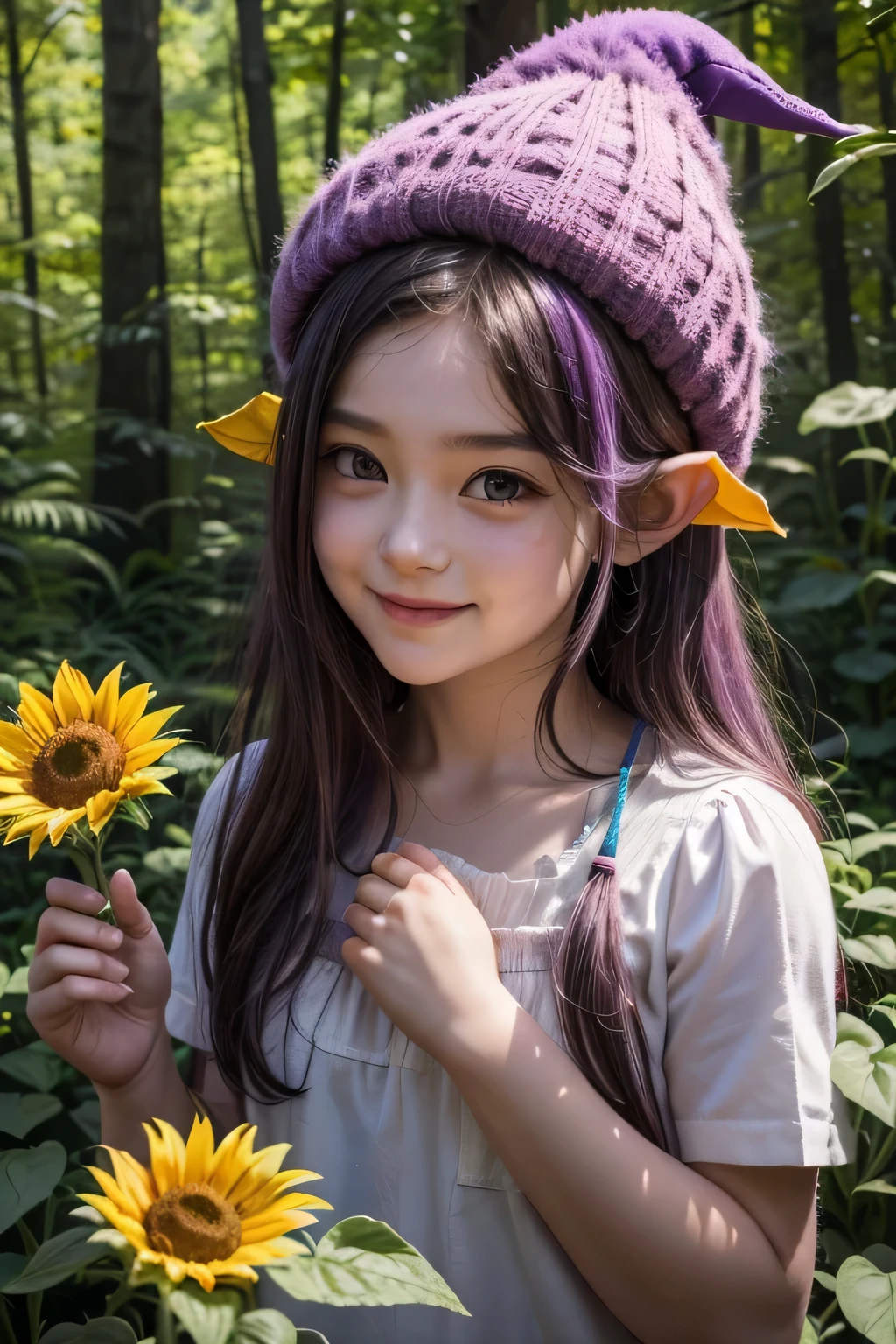 gnome in a forest, very happy, joy with a sunflower flower in his hands, making mischief, purple hair, hair spread out, wizard hat, flower on head, multicolored eyes, long pointy ears, smile, Realism, glowing light, god rays, ray tracing, reflection light, UHD, high quality, super detail, HD, highres, HD, 16k