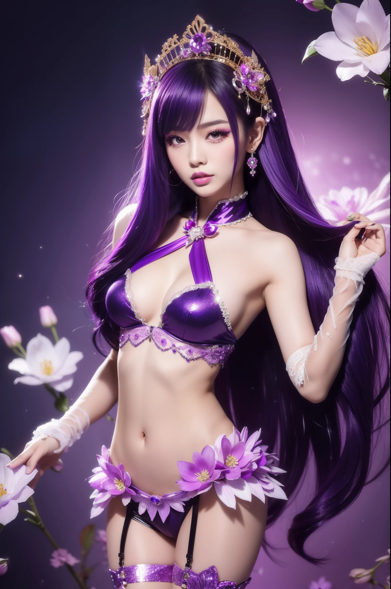 sexy Thai model who controls poison、lipgloss、intense makeup、look at the camera、full body Esbian、、sparkling poisoned flower costume (purple)、、、、shiny sparkling multicolor hair、secrete poison、skull hair accessories schnet tights (purple)、shiny sparkling flowers background