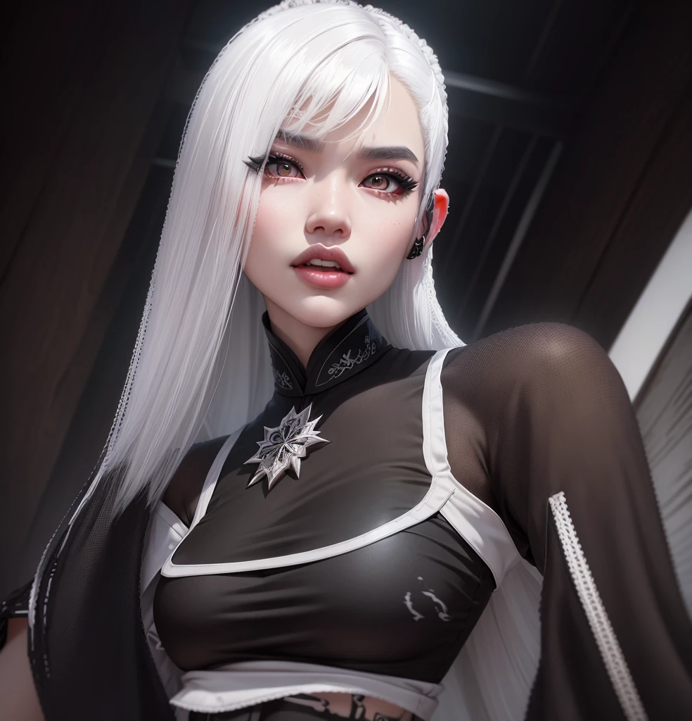 AVATAR SECOND LIFE Korean girl, black short blouse, cropped preto, black blouse, Asian, White hair, White hair, White hair, korean girl White hair, Perfect and detailed face, imvu, maximalist details, AVATAR SECOND LIFE Korean blusa , neon,