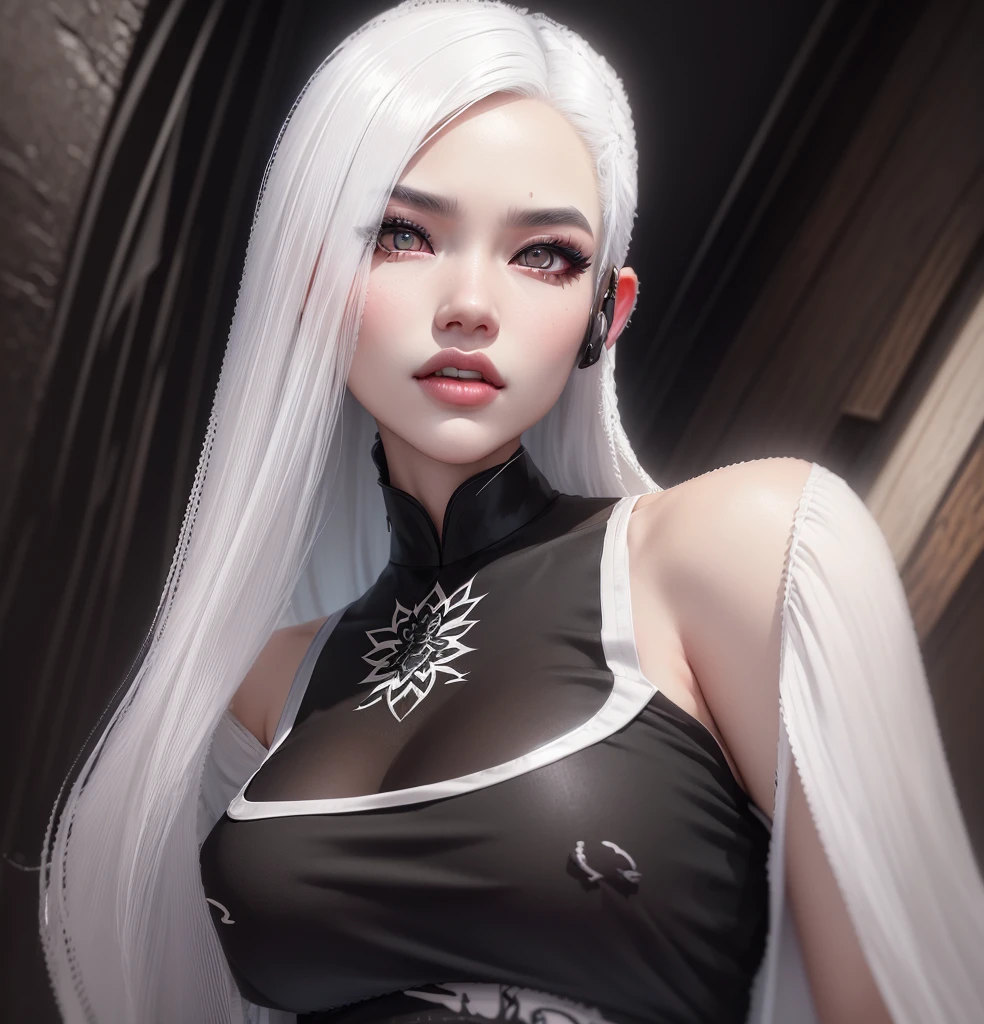 AVATAR SECOND LIFE Korean girl, black short blouse, cropped preto, black blouse, Asian, White hair, White hair, White hair, korean girl White hair, Perfect and detailed face, imvu, maximalist details, AVATAR SECOND LIFE Korean blusa , neon,