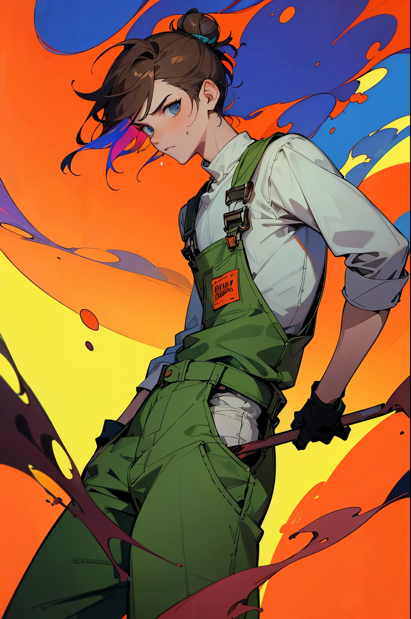 (work of art, better quality:1.2), 1 man, alone, Wear dirty overalls., With brush and palette in hand. short hair, Colorful and dreamy hair. young man, colorful splash background, hair in a bun, serious face