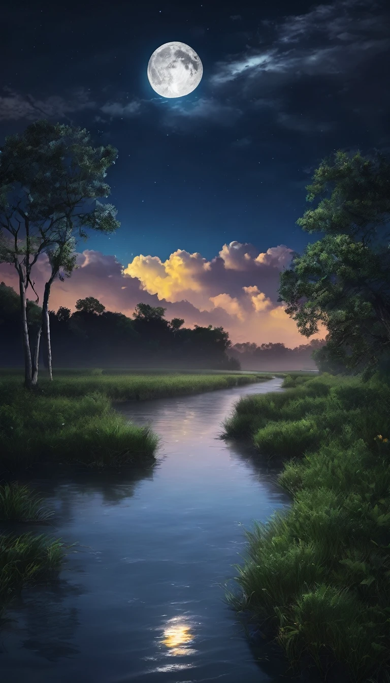 A beautiful night nesr s river with moon sky and clouds