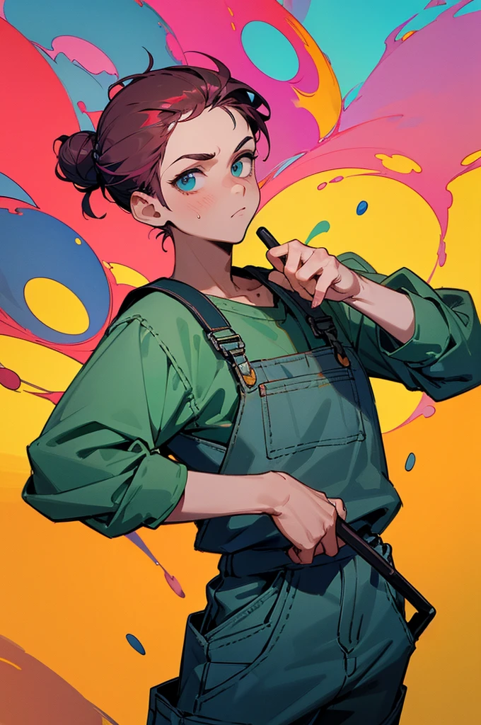 (work of art, better quality:1.2), 1 man, alone, Wear dirty overalls., With brush and palette in hand. short hair, Colorful and dreamy hair. young man, colorful splash background, hair in a bun, serious face