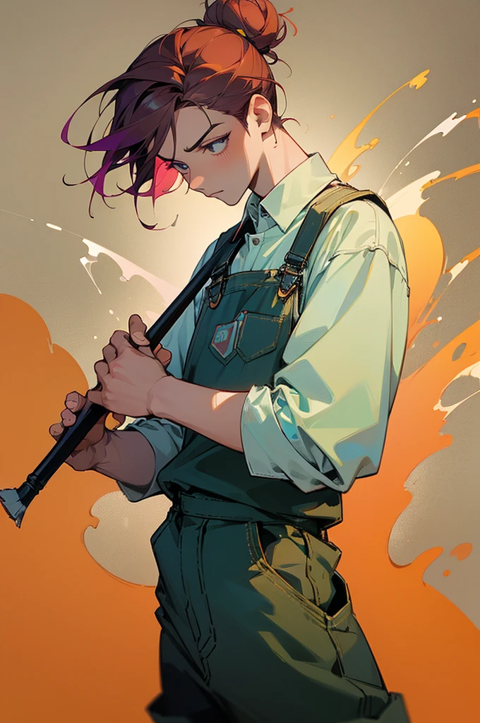 (work of art, better quality:1.2), 1 man, alone, Wear dirty overalls., With brush and palette in hand. short hair, Colorful and dreamy hair. young man, colorful splash background, hair in a bun, serious face