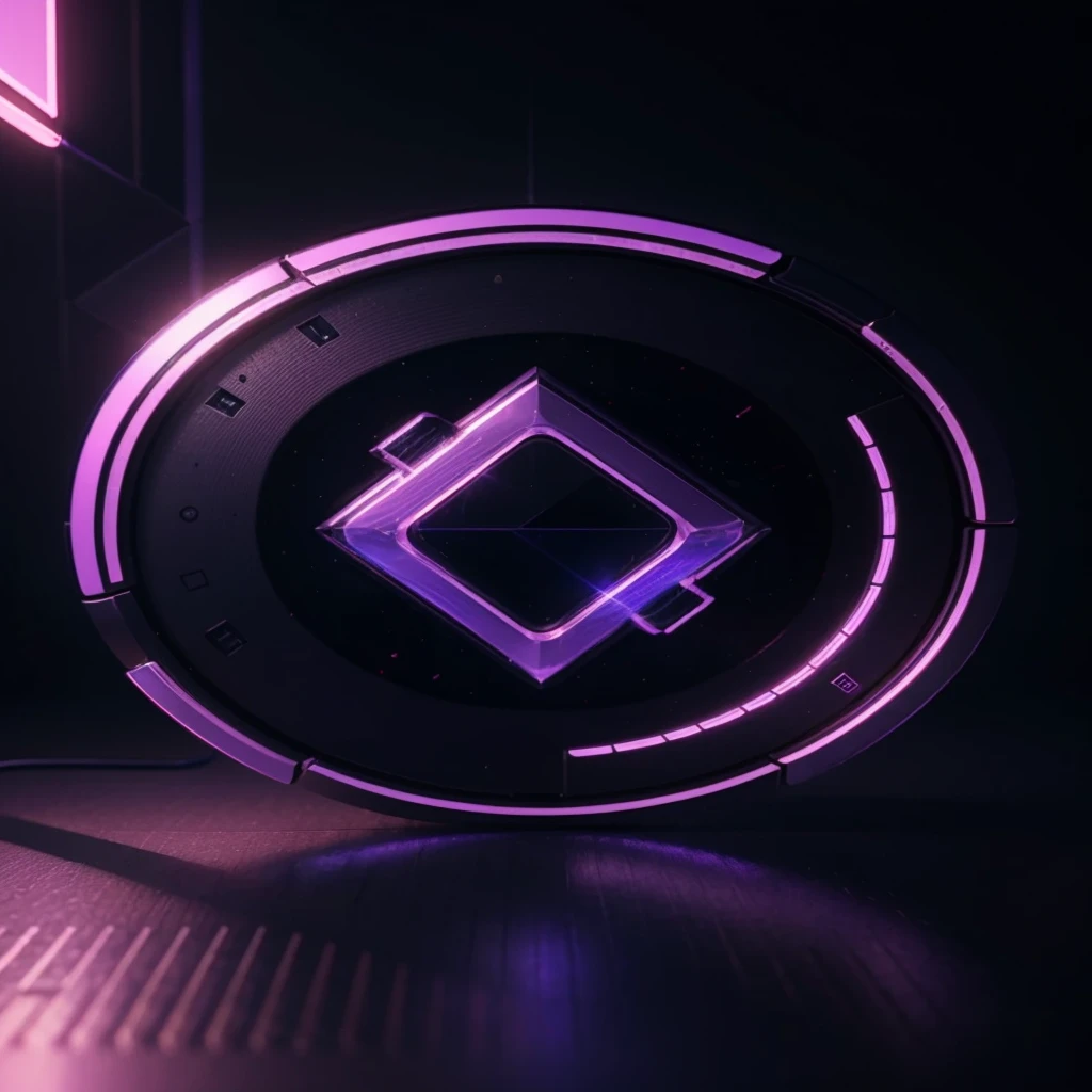 A detailed, futuristic logo design for a fictional cryptocurrency, 3D render, ultra-detailed, 8k, glossy, metallic, glowing holographic effect, neon colors, blue and purple, cinematic lighting, elegant, minimalist, abstract geometric shapes, dynamic composition, seamless loop animation