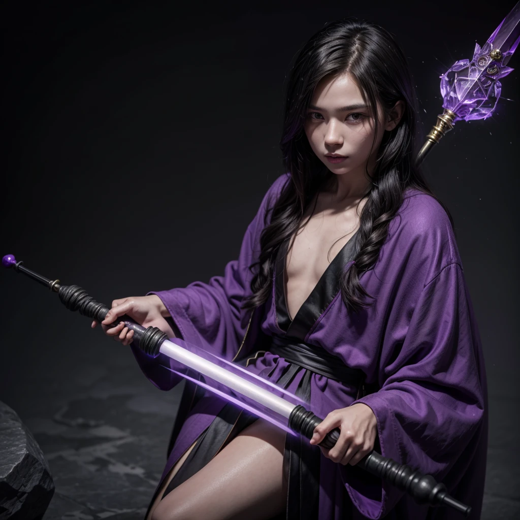 Young mage in a purple robe holding a black staff with a purple stone at the end